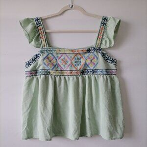 Blu Papper Women's Green Floral Embroidered Short Sleeve Pullover Top Size Large
